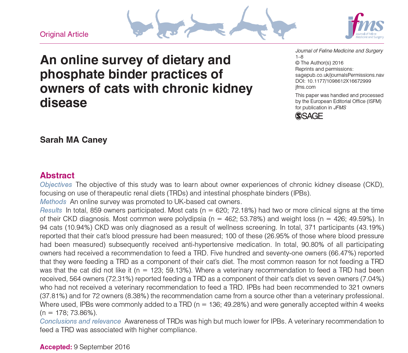 An online  survey of dietary and phosphate binder practices of owners of cats with                	    chronic  kidney disease